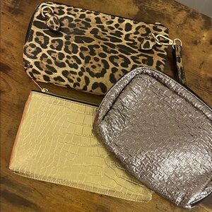 Estee Lauder Gold, Joy Susan leopard print and Silver cosmetics bag and clutch